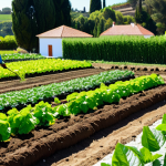**

"Lush organic vegetable garden with diverse crops growing in neat rows, demonstrating crop rotation. A farmer is tending to the plants, wearing appropriate attire and using organic methods, fully clothed, safe for work. Focus on healthy soil with visible compost and earthworms. Background includes a sunny day and a traditional Portuguese farmhouse. Perfect anatomy, correct proportions, natural pose, professional, modest, family-friendly, appropriate content, high quality."

**