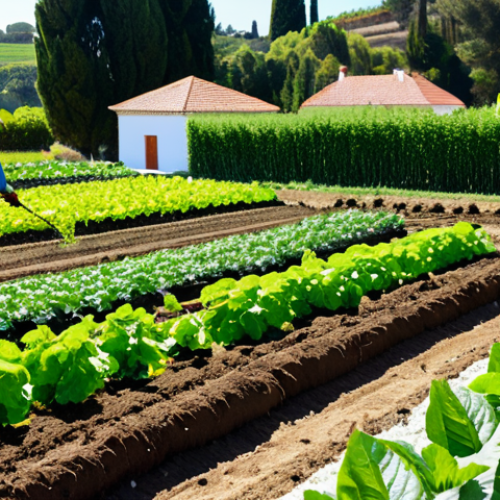 **

"Lush organic vegetable garden with diverse crops growing in neat rows, demonstrating crop rotation. A farmer is tending to the plants, wearing appropriate attire and using organic methods, fully clothed, safe for work. Focus on healthy soil with visible compost and earthworms. Background includes a sunny day and a traditional Portuguese farmhouse. Perfect anatomy, correct proportions, natural pose, professional, modest, family-friendly, appropriate content, high quality."

**