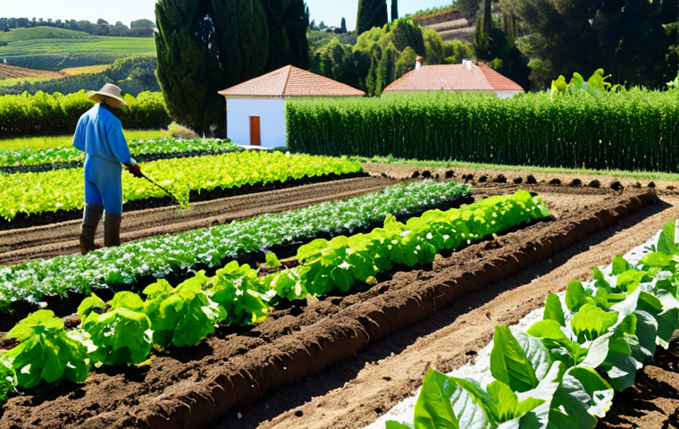 **
"Lush organic vegetable garden with diverse crops growing in neat rows, demonstrating crop rotation. A farmer is tending to the plants, wearing appropriate attire and using organic methods, fully clothed, safe for work. Focus on healthy soil with visible compost and earthworms. Background includes a sunny day and a traditional Portuguese farmhouse. Perfect anatomy, correct proportions, natural pose, professional, modest, family-friendly, appropriate content, high quality."
**