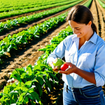 Successful Female Agricultural Technician**

"A professional female agricultural technician in a modest, practical outfit (jeans and a collared shirt), examining organic produce in a sunny field in Portugal. Fully clothed, appropriate attire, safe for work. Perfect anatomy, correct proportions, natural pose, well-formed hands, proper finger count, natural body proportions. High-quality professional photograph, family-friendly, showcasing sustainable agriculture, bright and cheerful lighting."

**