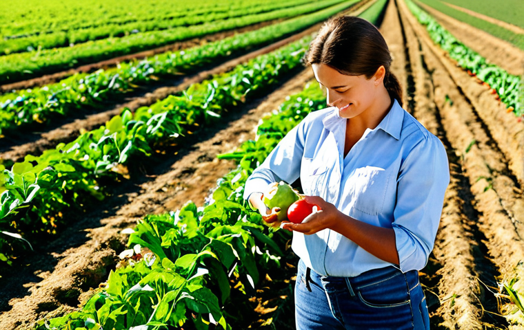 Successful Female Agricultural Technician**
"A professional female agricultural technician in a modest, practical outfit (jeans and a collared shirt), examining organic produce in a sunny field in Portugal. Fully clothed, appropriate attire, safe for work. Perfect anatomy, correct proportions, natural pose, well-formed hands, proper finger count, natural body proportions. High-quality professional photograph, family-friendly, showcasing sustainable agriculture, bright and cheerful lighting."
**