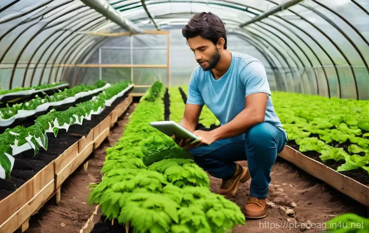 친환경농업기술자 이직 시 경쟁력 확보 방법 - **Prompt:** A lively and colorful open-air Portuguese farmers' market bustling with activity. The ce...