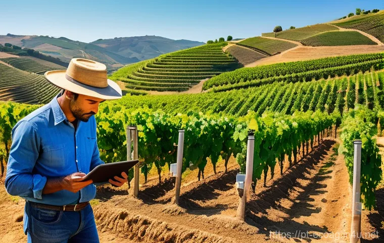 친환경농업 기술의 미래 전망 - Image Prompt 1: Precision Agriculture in Portuguese Vineyards**