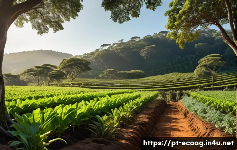 친환경농업기술자 자격증 소지자의 업무 범위 - A vibrant agroforestry system in a small Brazilian farm setting during golden hour, showcasing a div...